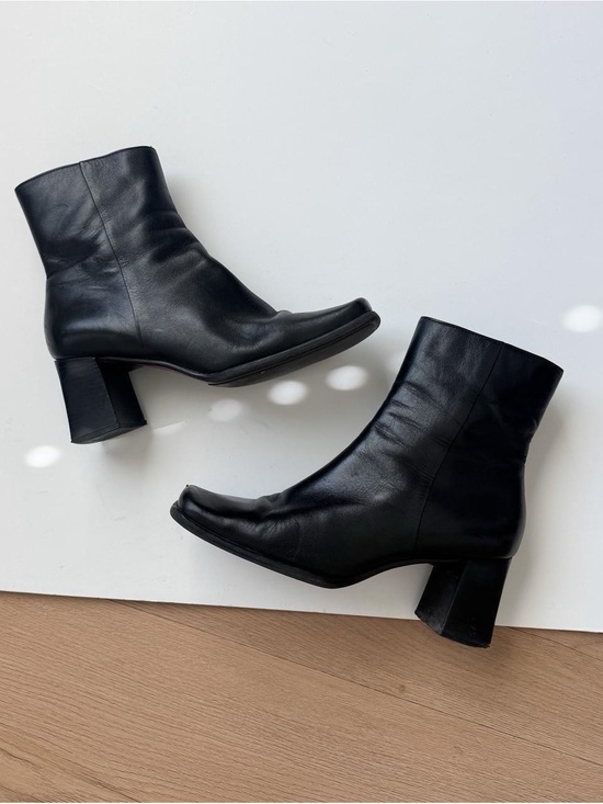 Nine West Shoes - Vintage 90s Black Leather Ankle Boots 9 Square Chunky Heel Nine West